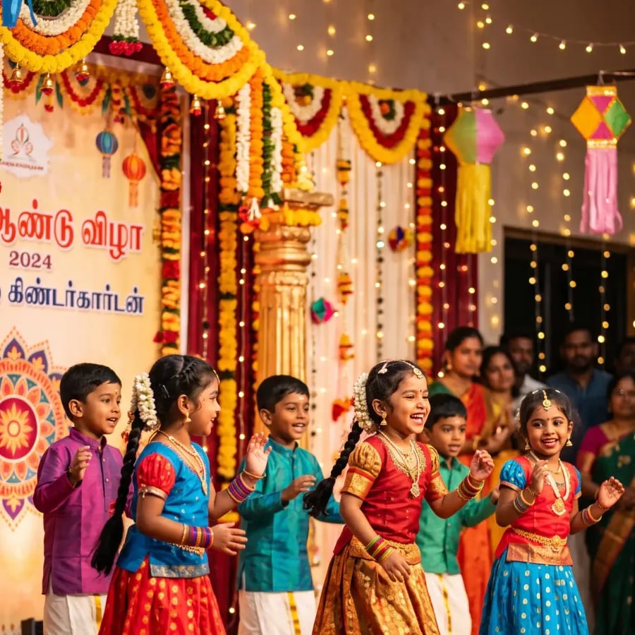 Children performing a traditional dance on stage during the Annual Day celebration at Little Stars Kindergarten, Thoothukudi