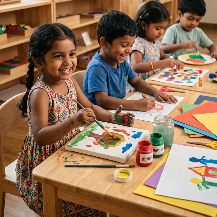 Children painting and doing craft work in the art class at Little Stars Kindergarten, Thoothukudi