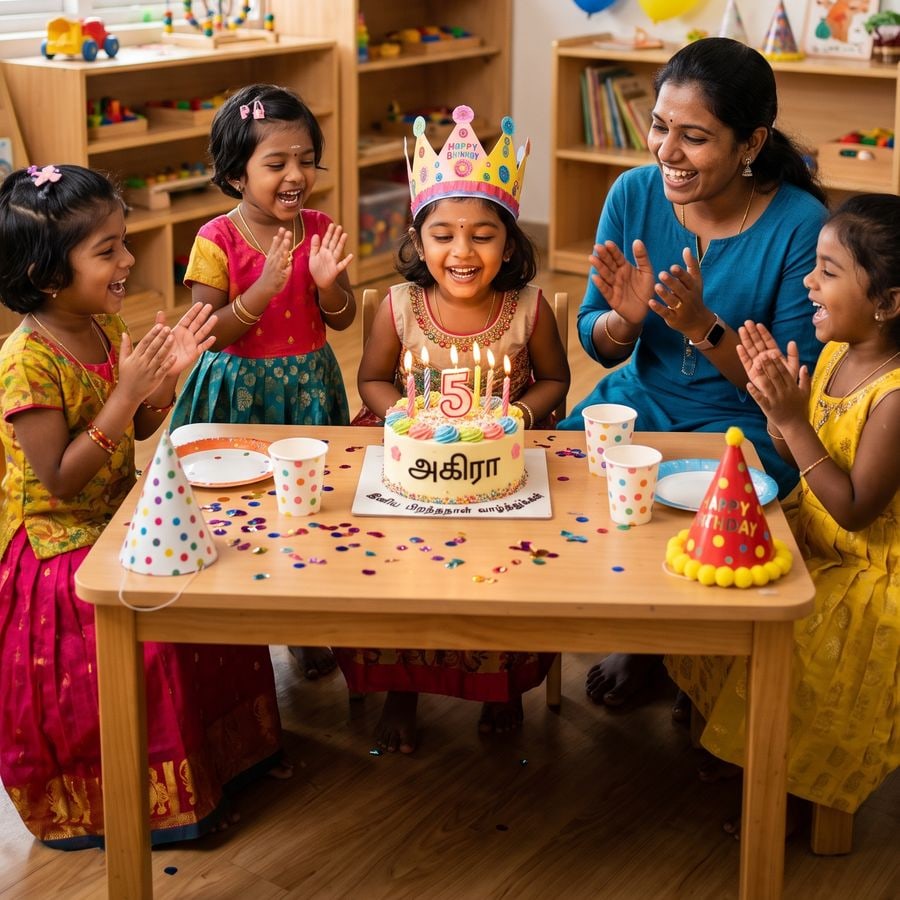 Children and their teacher clapping and celebrating a classmate's birthday at Little Stars Kindergarten, Thoothukudi