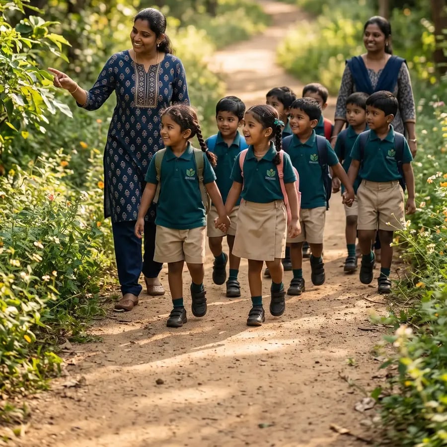 Children and teachers walking along a nature trail on a school field trip from Little Stars, Thoothukudi