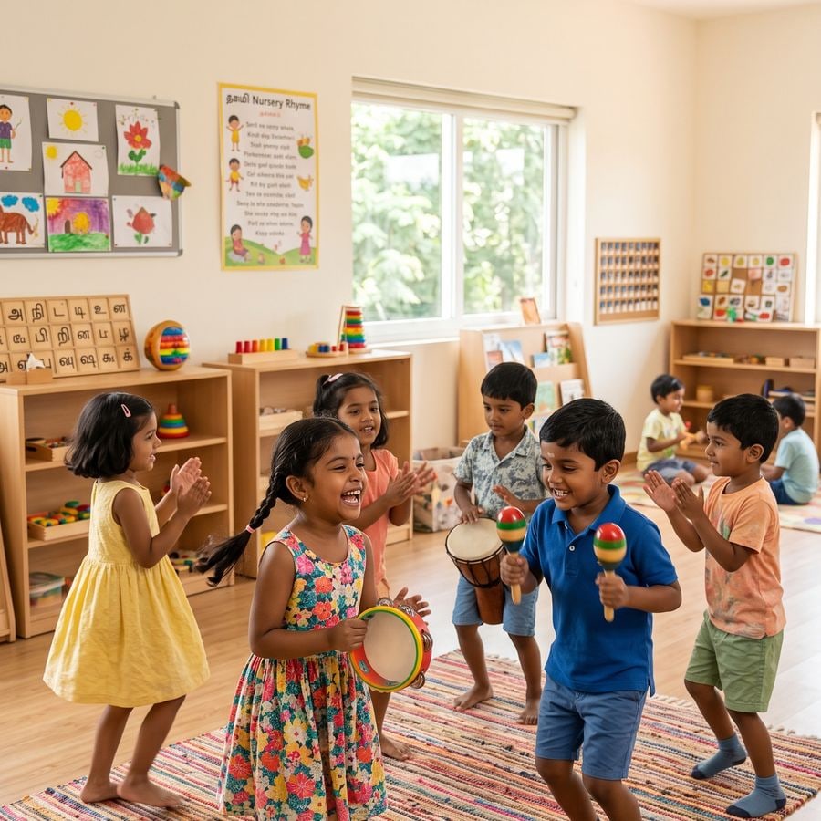 Children singing and dancing with tambourines and maracas in the music class at Little Stars Kindergarten, Thoothukudi