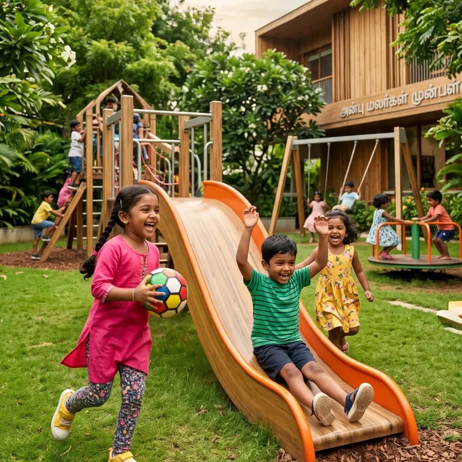 Children playing on the slide, swings and with a ball in the outdoor play area at Little Stars, Thoothukudi