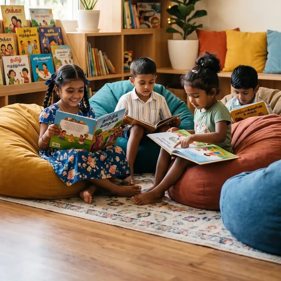 Children reading Tamil storybooks on bean bags in the cosy reading corner at Little Stars, Thoothukudi