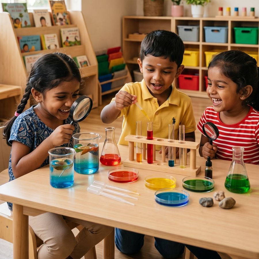 Preschoolers exploring colours and liquids with magnifying glasses during a science activity at Little Stars, Thoothukudi