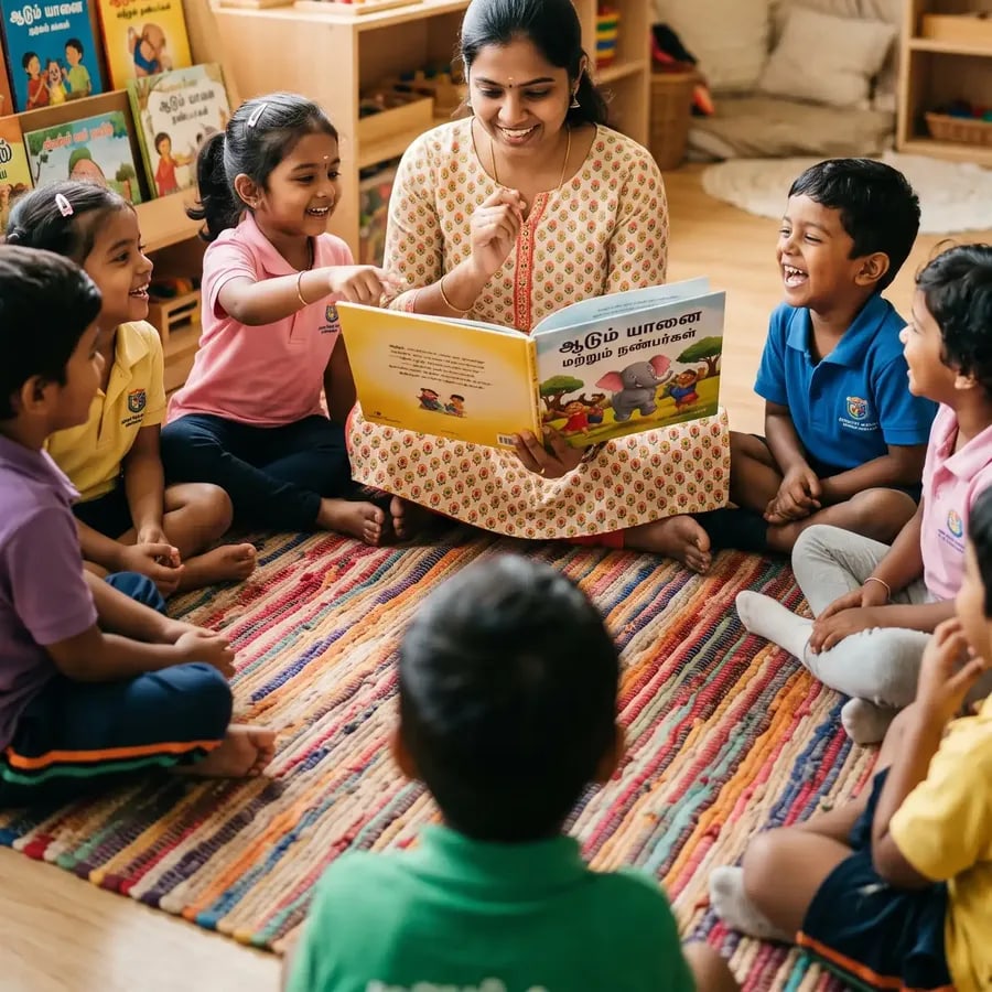 A teacher reading a Tamil picture story book to children sitting in a circle at Little Stars, Thoothukudi