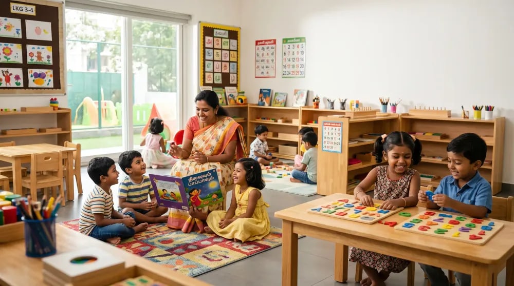 LKG children enjoying story time and letter puzzles with their teacher at Little Stars Kindergarten, Thoothukudi