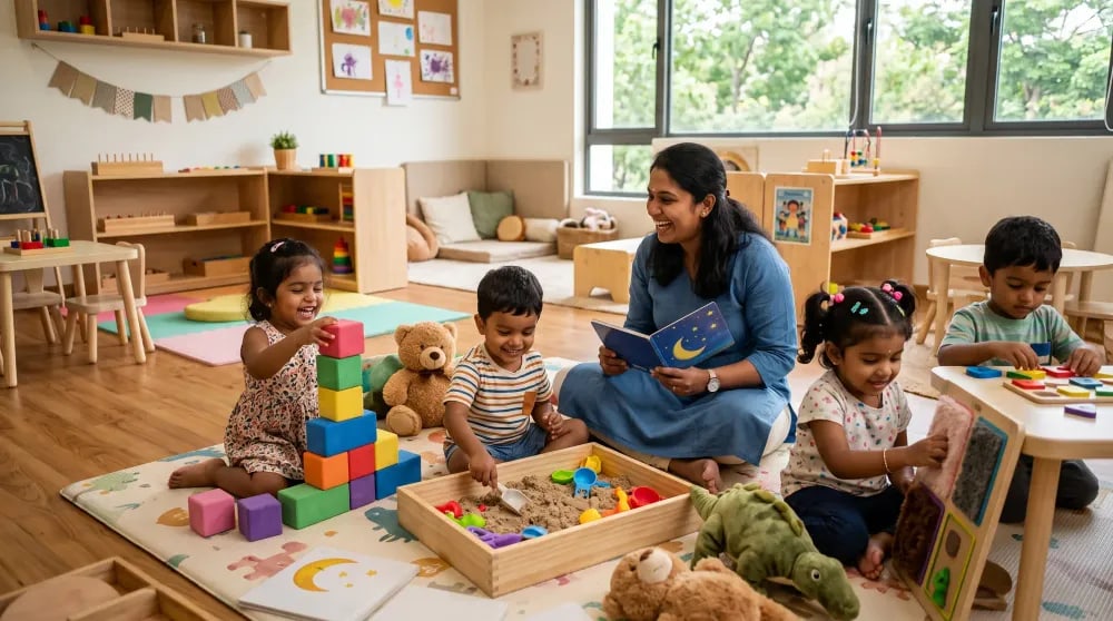 Nursery children sitting in a circle listening to a teacher read a Tamil picture book at Little Stars Kindergarten, Thoothukudi