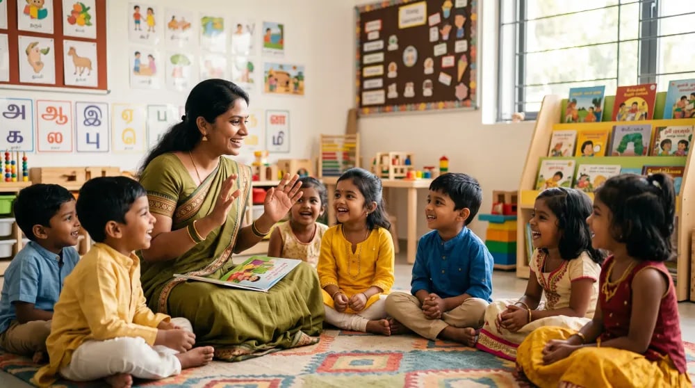 A teacher and toddlers playing with building blocks, sand tray and soft toys in the Playgroup room at Little Stars, Thoothukudi