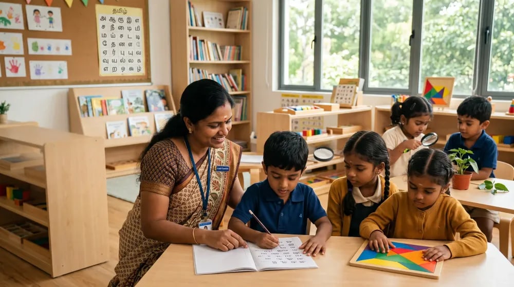 A teacher guiding a UKG child with Tamil writing practice while classmates work on puzzles at Little Stars, Thoothukudi